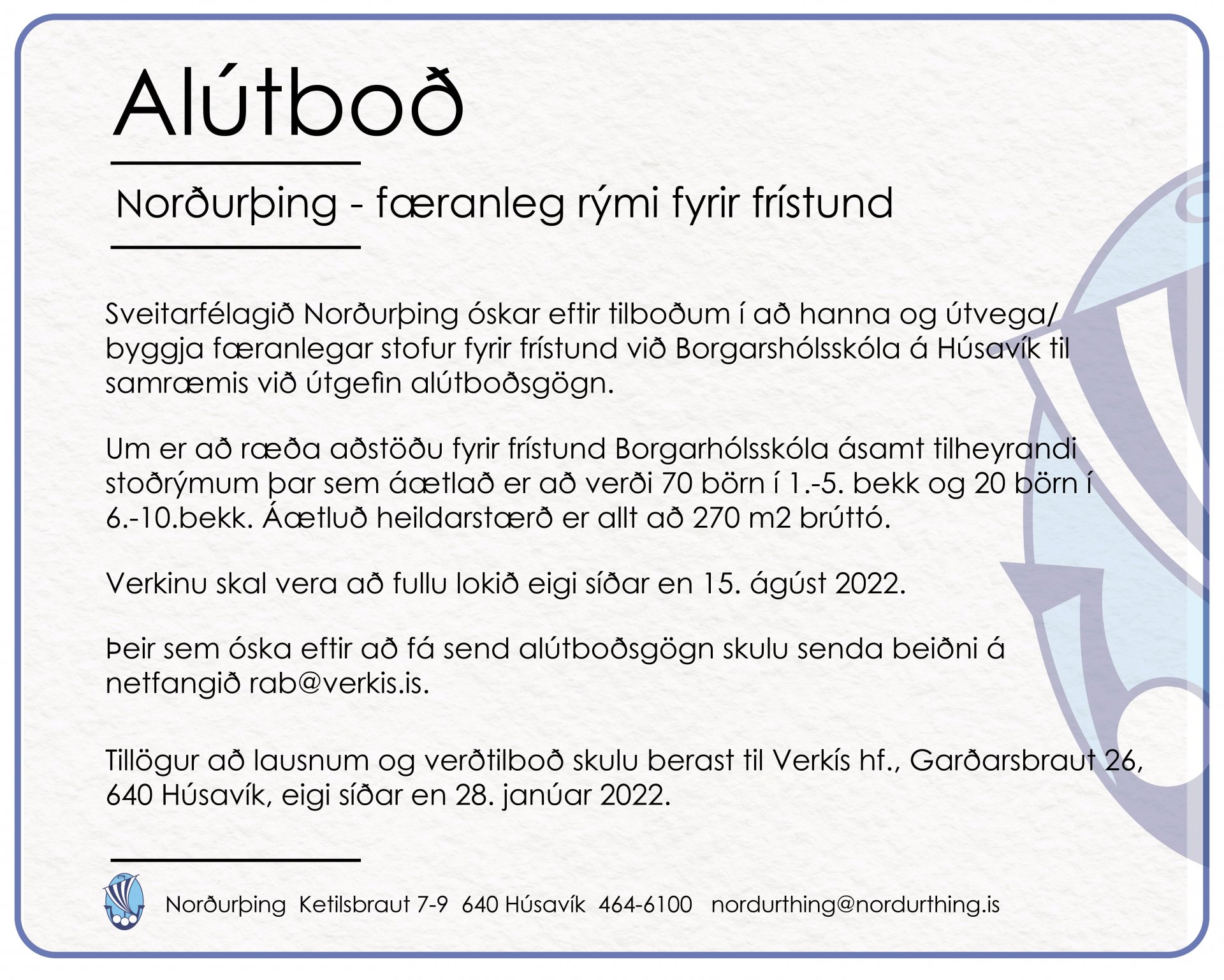 Alútboð - færanleg rými fyrir frístund